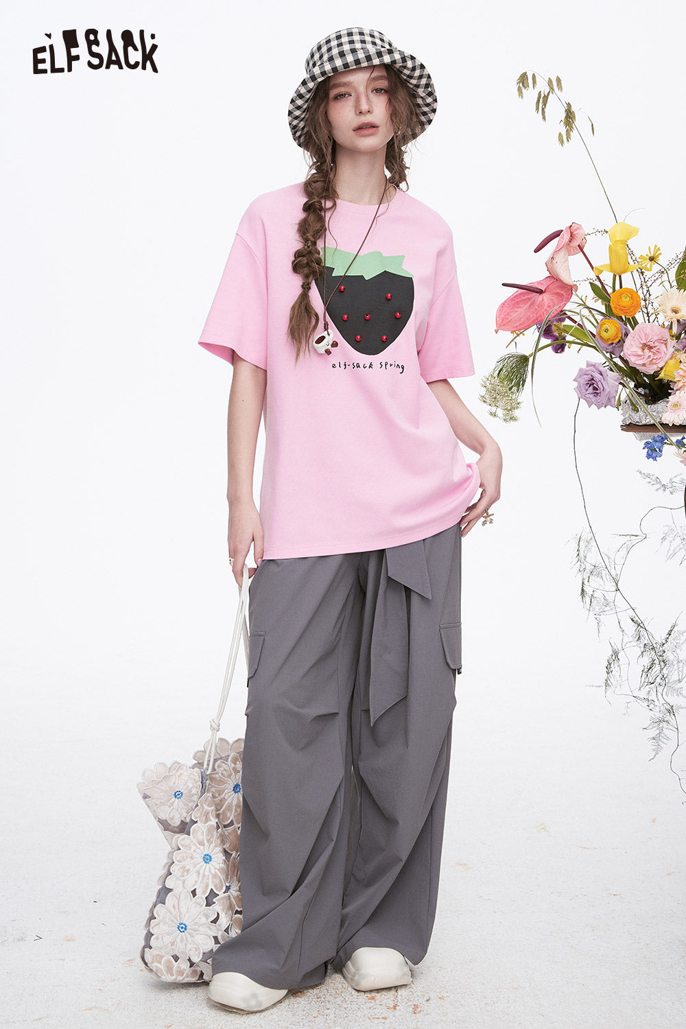 ELFSACK Y2K Sweet Strawberry Print Short Sleeve T-shirt Women Dopamine Loose Casual Top
