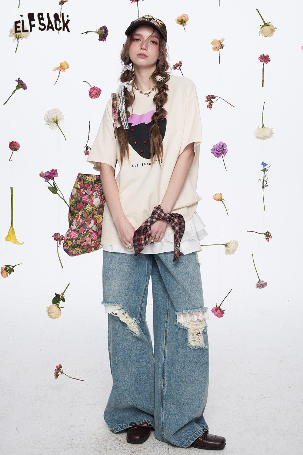 ELFSACK Y2K Sweet Strawberry Print Short Sleeve T-shirt Women Dopamine Loose Casual Top