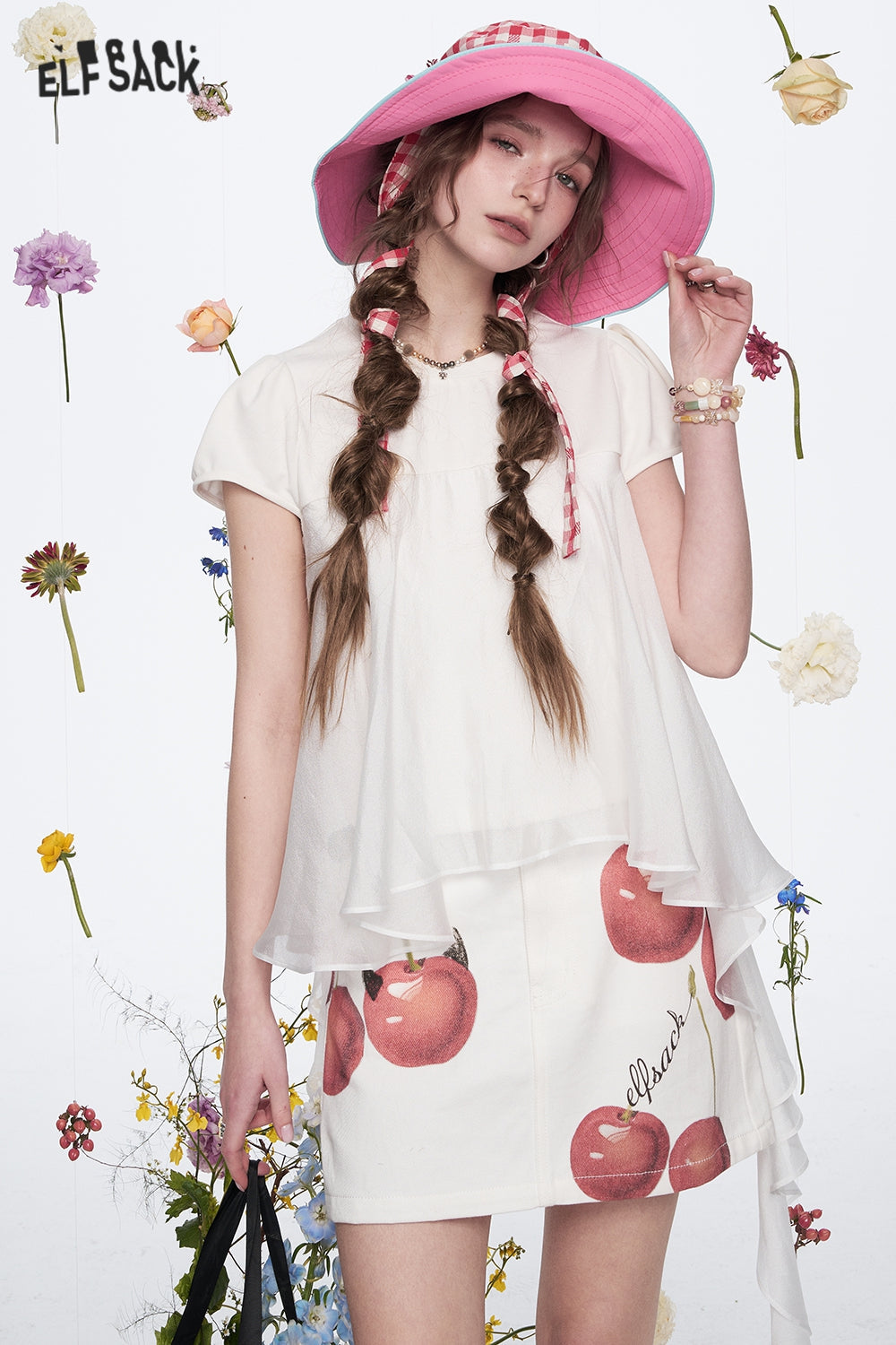 ELFSACK Sweet Puff Sleeve White Short Sleeve T-shirt Women Casual Stitching Pleated Top