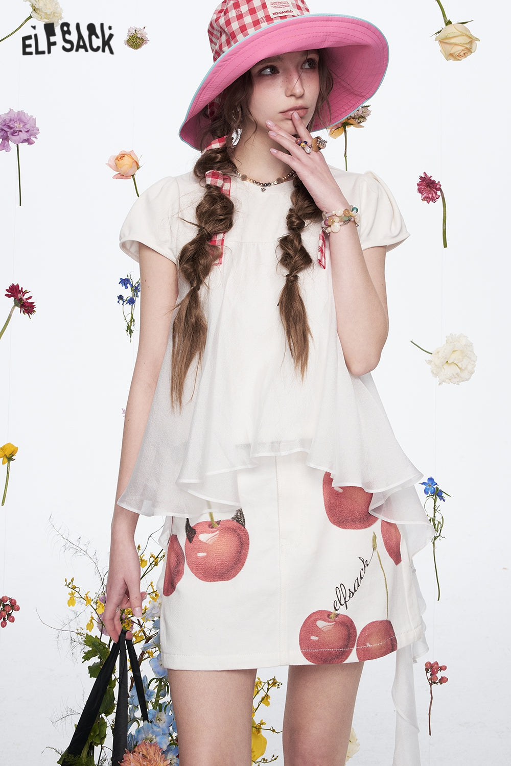 ELFSACK Sweet Puff Sleeve White Short Sleeve T-shirt Women Casual Stitching Pleated Top