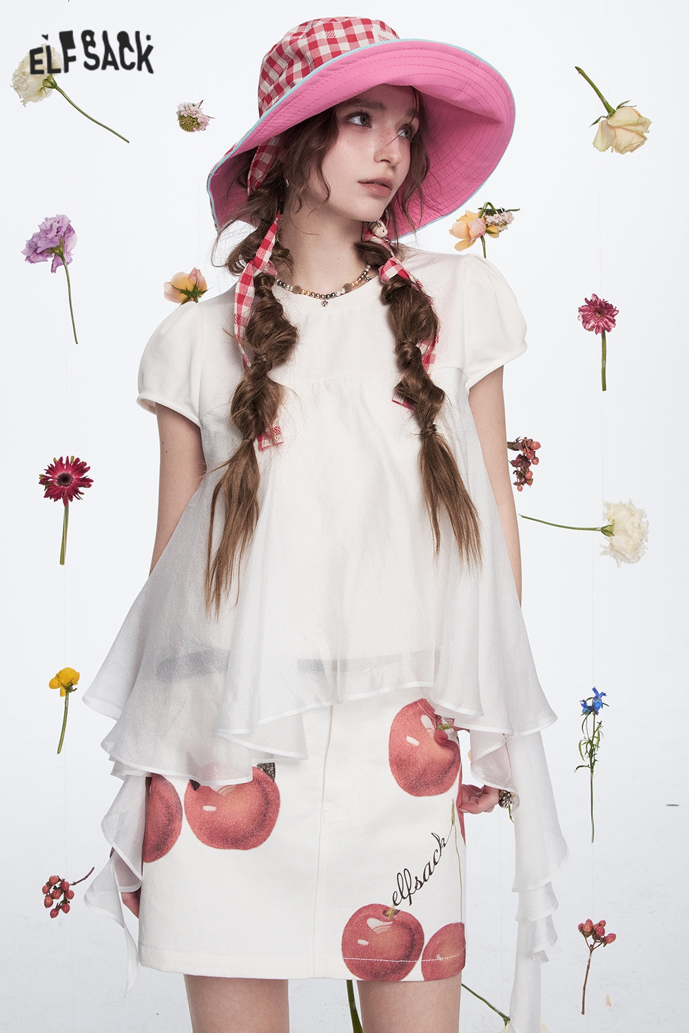 ELFSACK Sweet Puff Sleeve White Short Sleeve T-shirt Women Casual Stitching Pleated Top