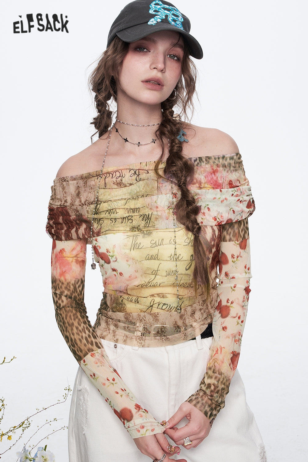 ELFSACK Y2K Off Shoulder Printed Mesh T-shirt Women Retro Elegant Long Sleeve Top