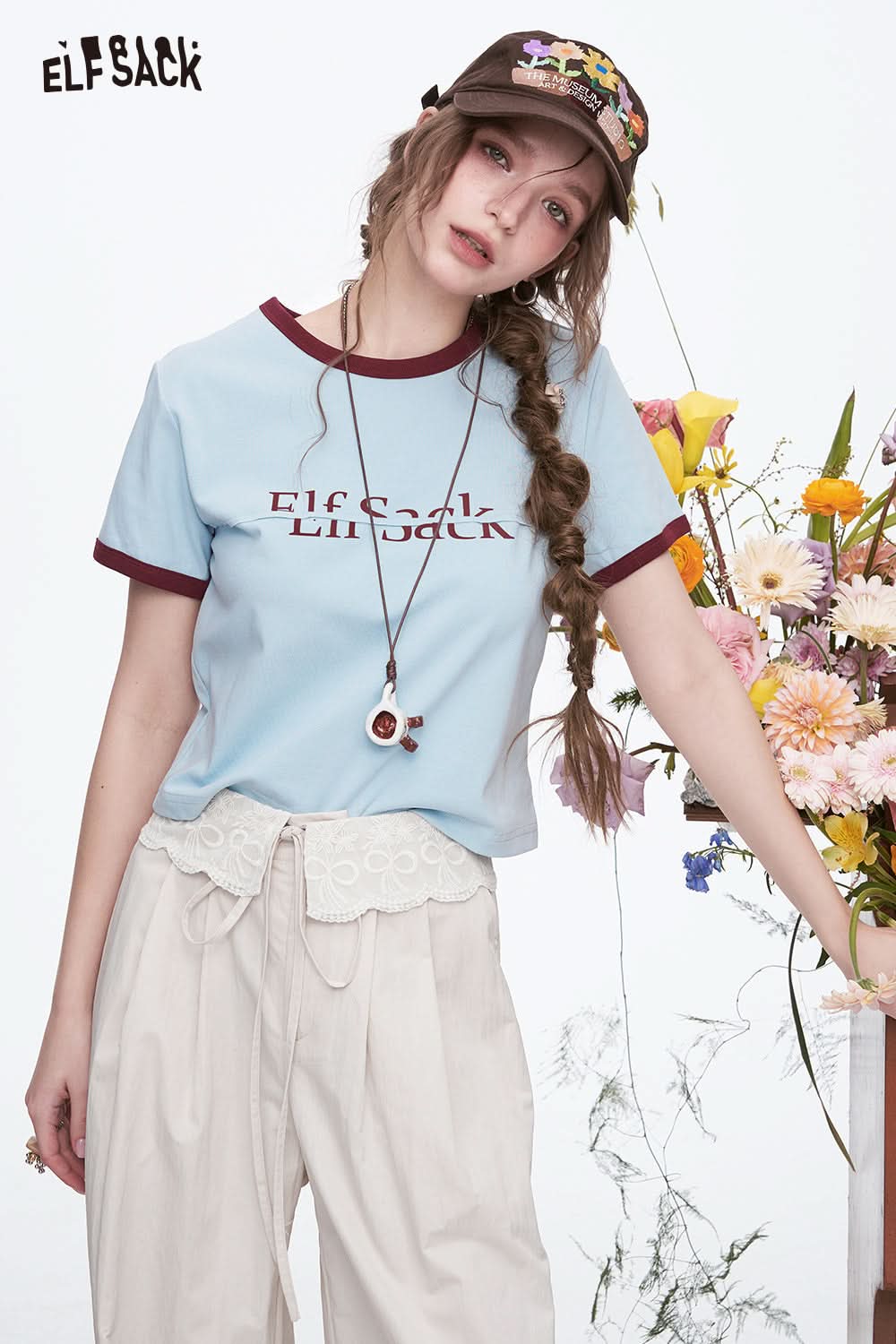 ELFSACK Y2K Preppy Style Color block Letter Short Sleeve T-shirt Women's Dopamine Crop Top