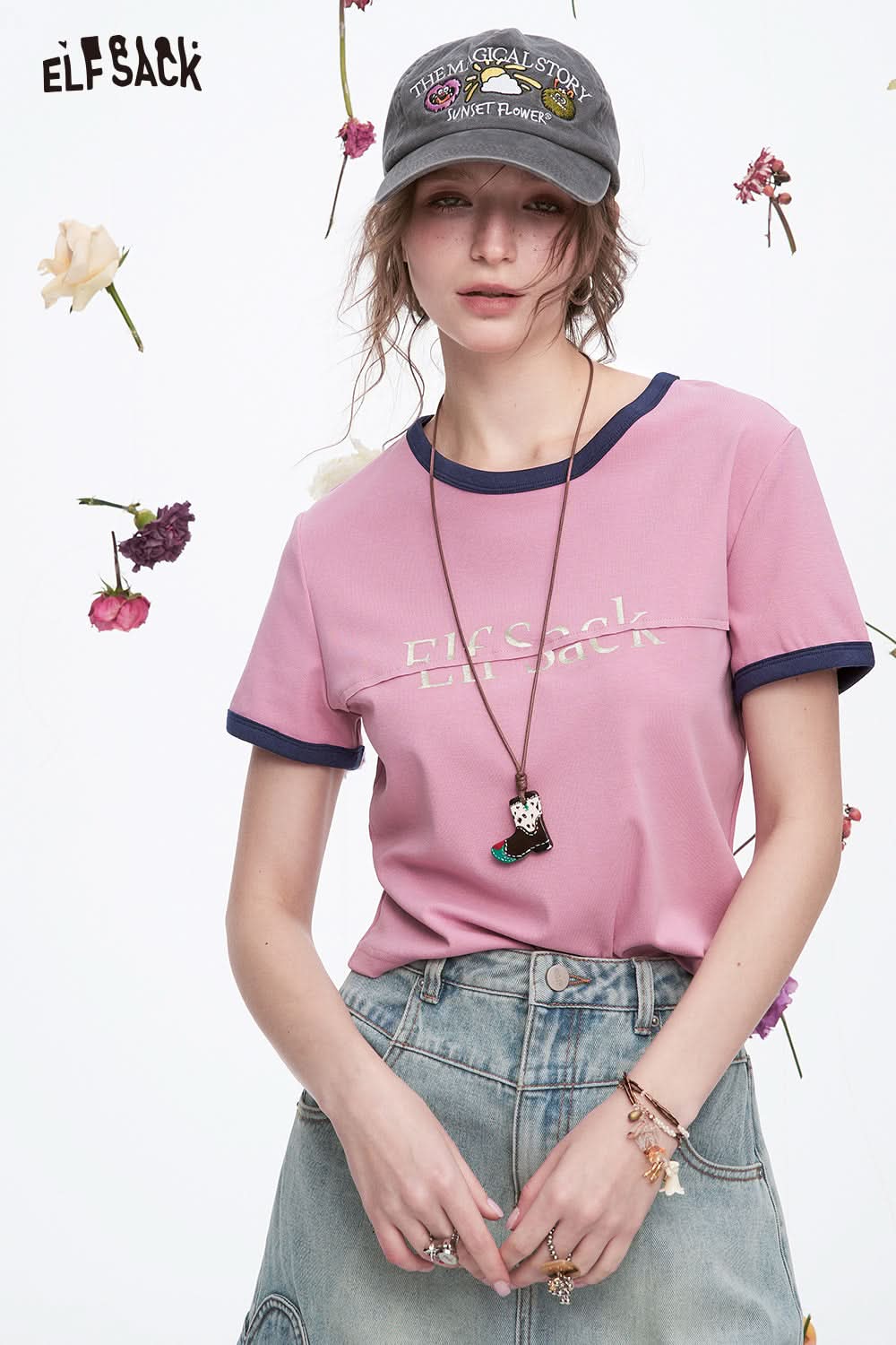 ELFSACK Y2K Preppy Style Color block Letter Short Sleeve T-shirt Women's Dopamine Crop Top