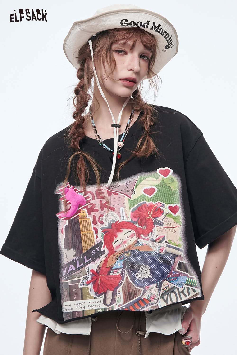 ELFSACK Sweet cool black print short-sleeved cotton T-shirt loose casual cartoon tops