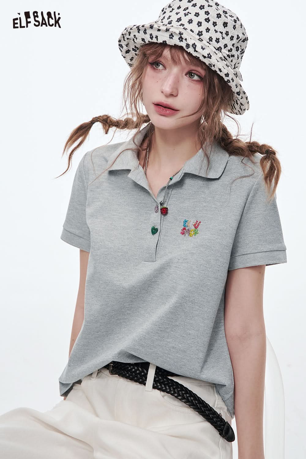 ELFSACK Women's Crop Top Grey Beaded Embroidery Polo Neck Short Sleeve T-Shirt Women