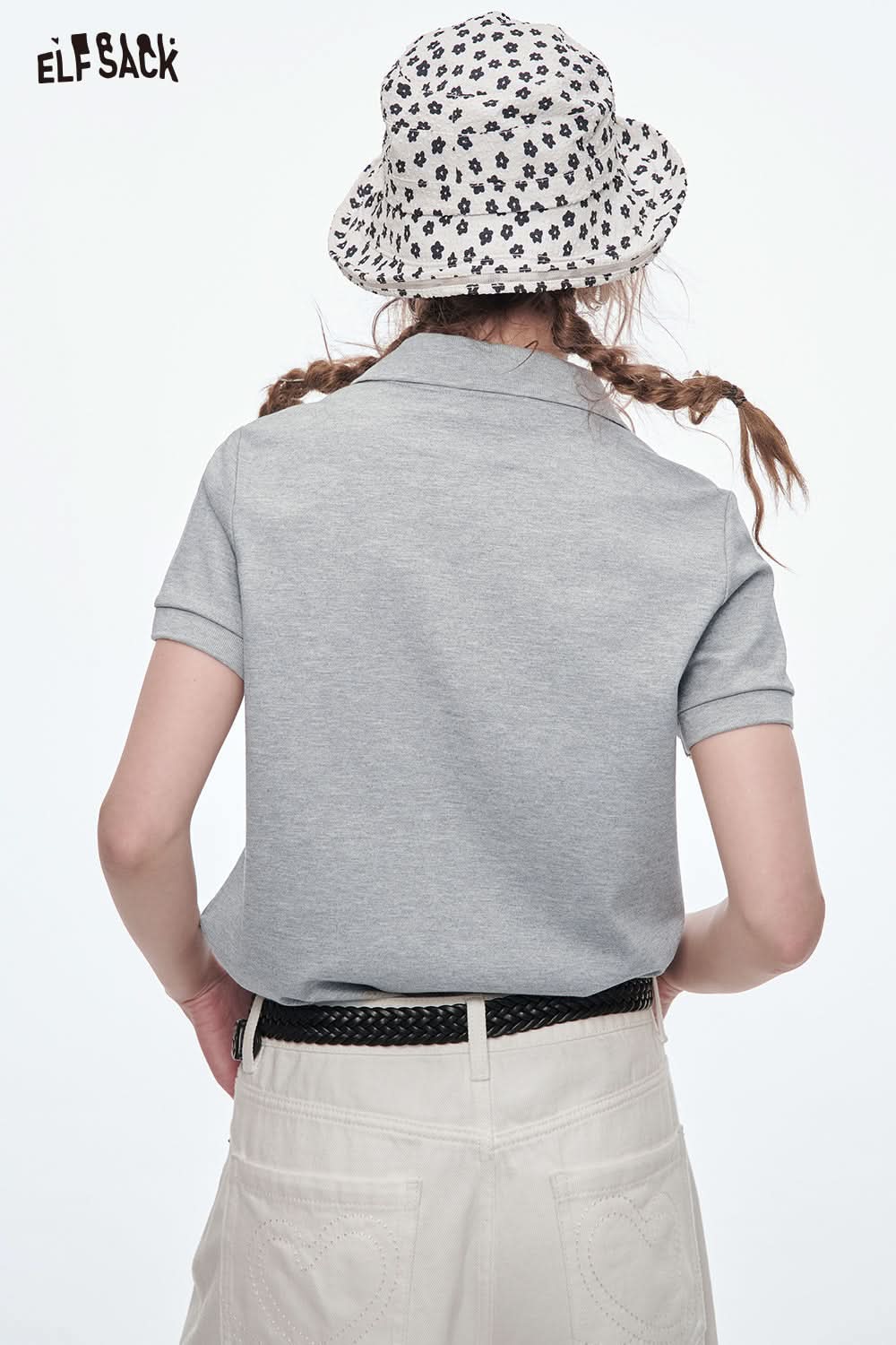 ELFSACK Women's Crop Top Grey Beaded Embroidery Polo Neck Short Sleeve T-Shirt Women