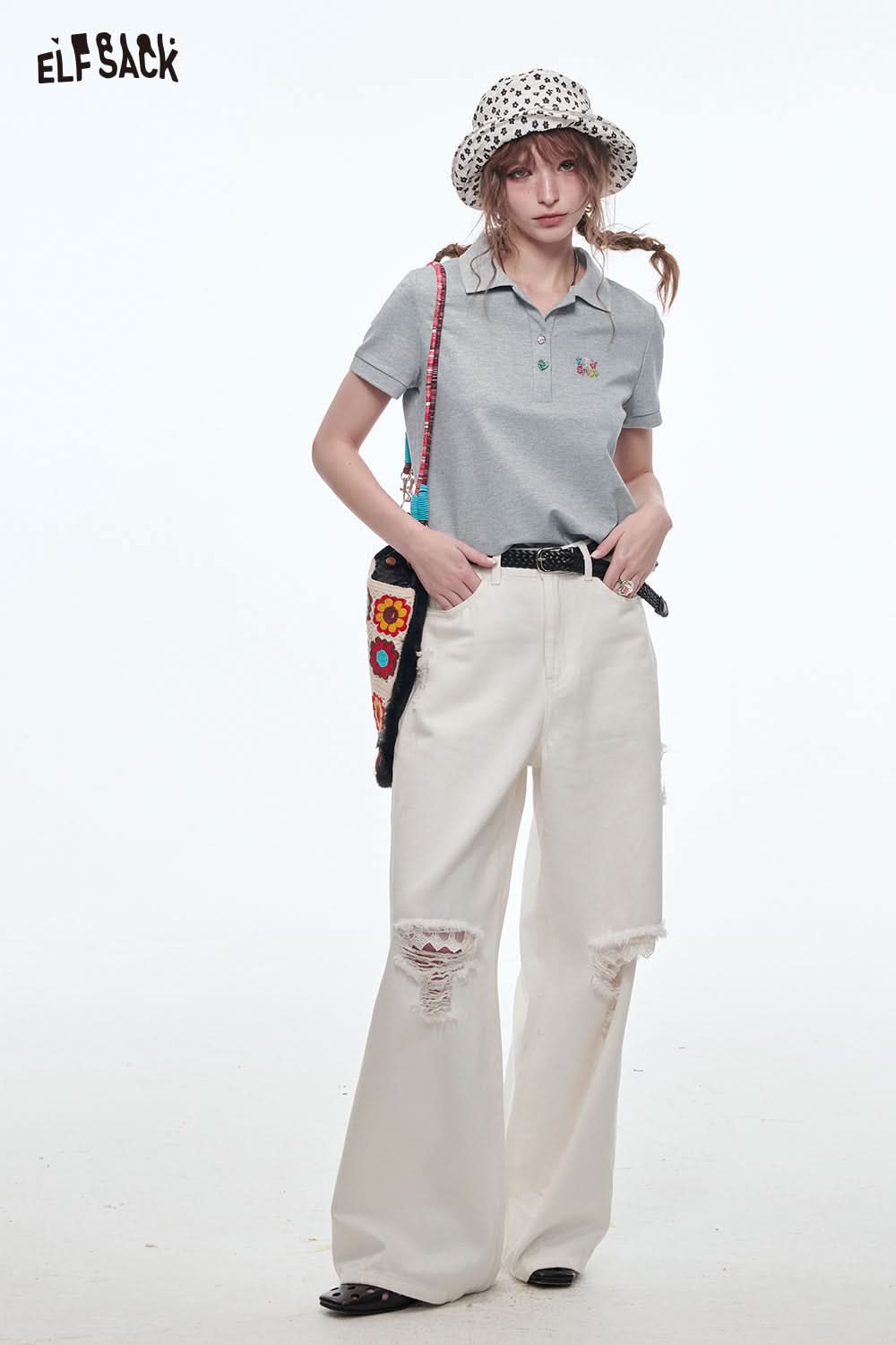 ELFSACK Women's Crop Top Grey Beaded Embroidery Polo Neck Short Sleeve T-Shirt Women