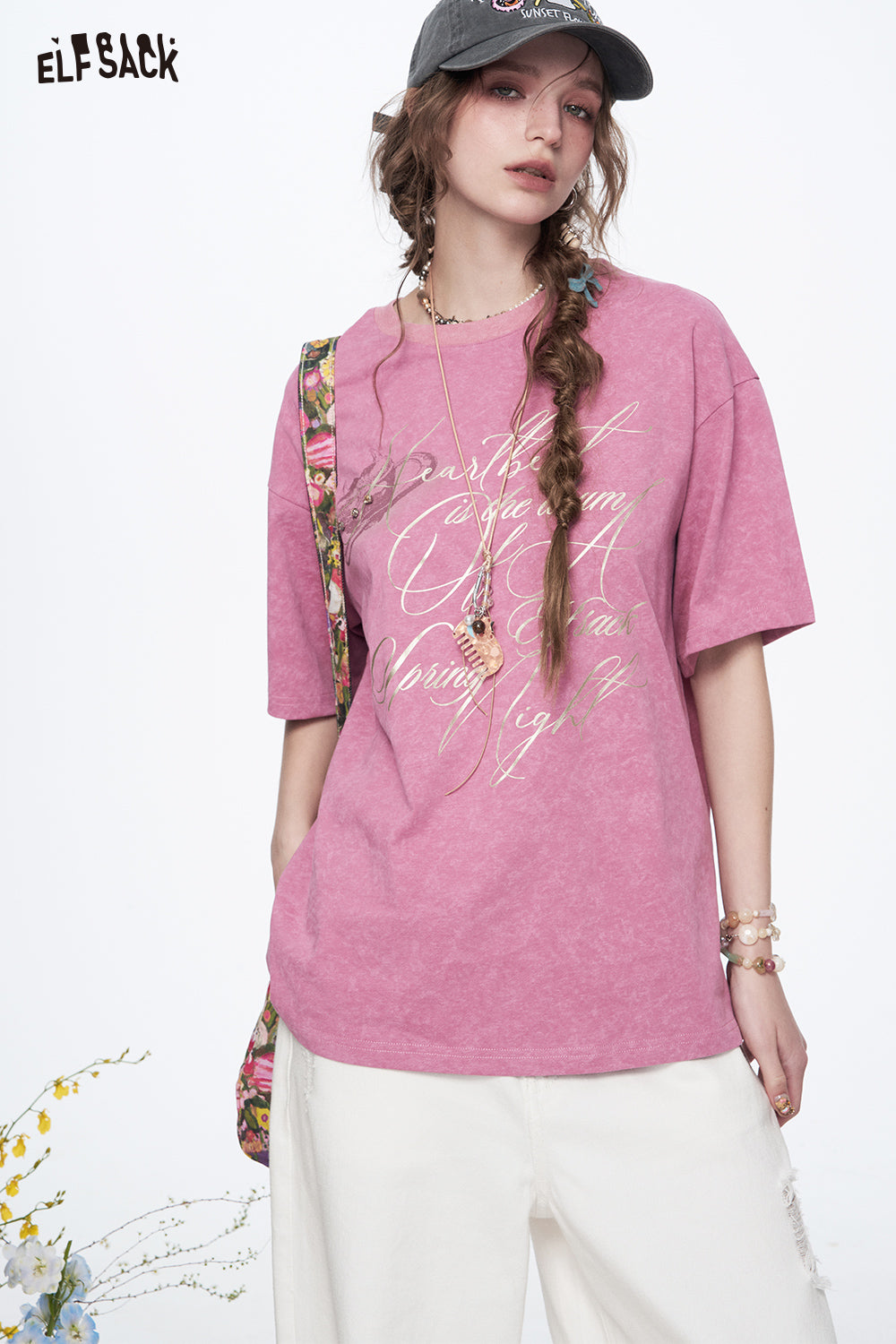 ELFSACK Y2K Letter Printed Diamond Short Sleeve Cotton T-shirt Women Loose Casual Retro Tops