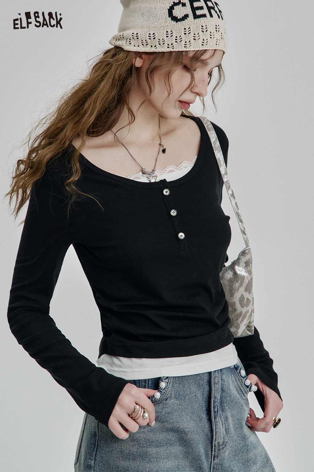 ELFSACK Sweet Contrast Color Lace Patchwork Full Sleeve T-Shirt Women Casual Elegant Fake Two-piece Tee Shirts