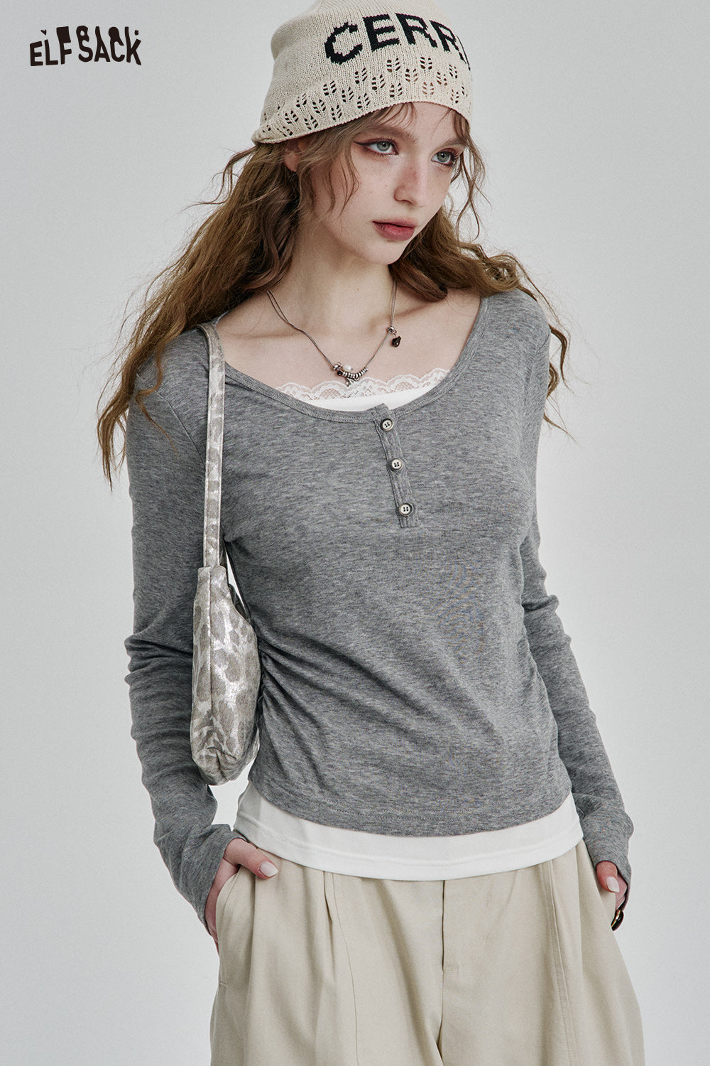 ELFSACK Sweet Contrast Color Lace Patchwork Full Sleeve T-Shirt Women Casual Elegant Fake Two-piece Tee Shirts