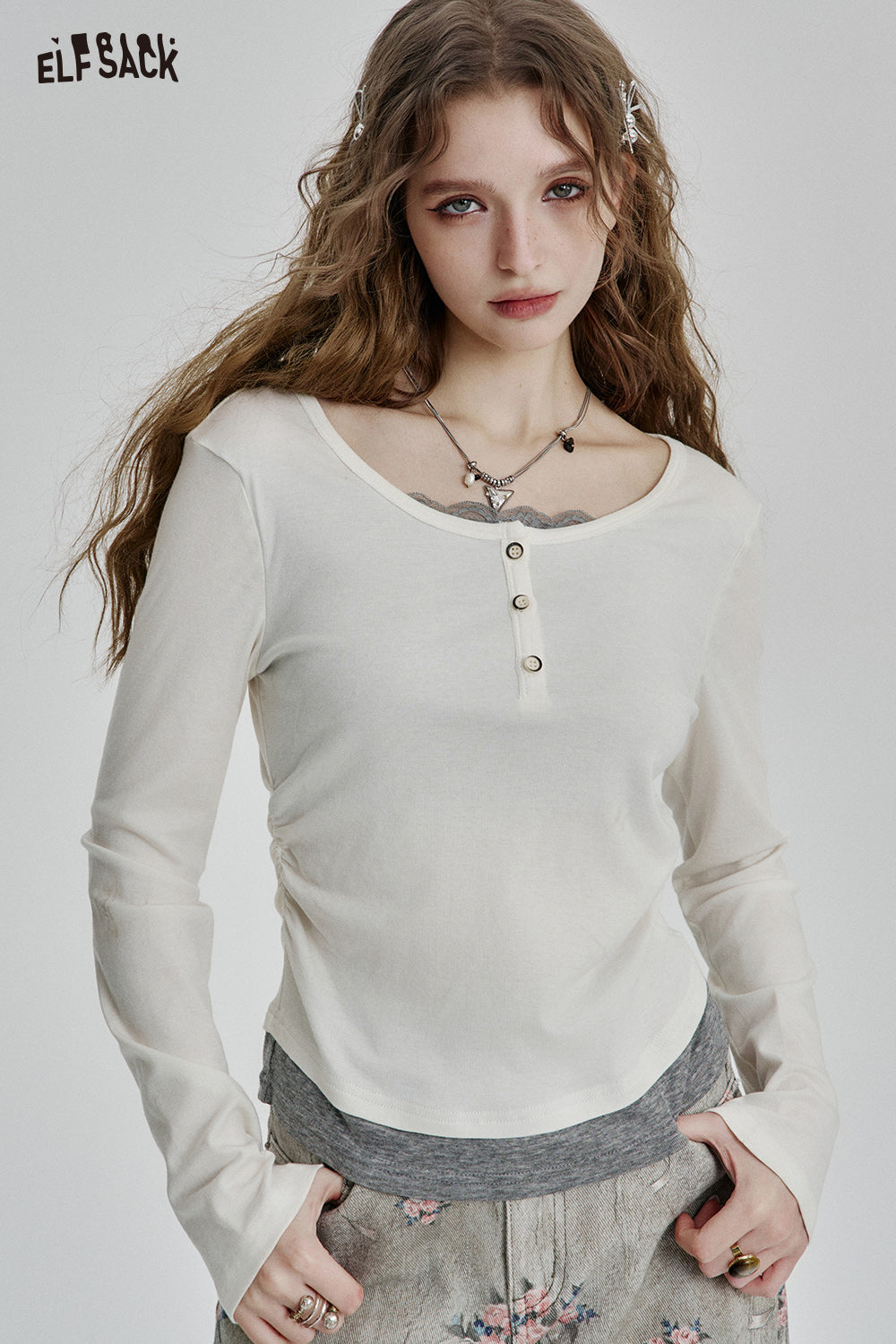 ELFSACK Sweet Contrast Color Lace Patchwork Full Sleeve T-Shirt Women Casual Elegant Fake Two-piece Tee Shirts