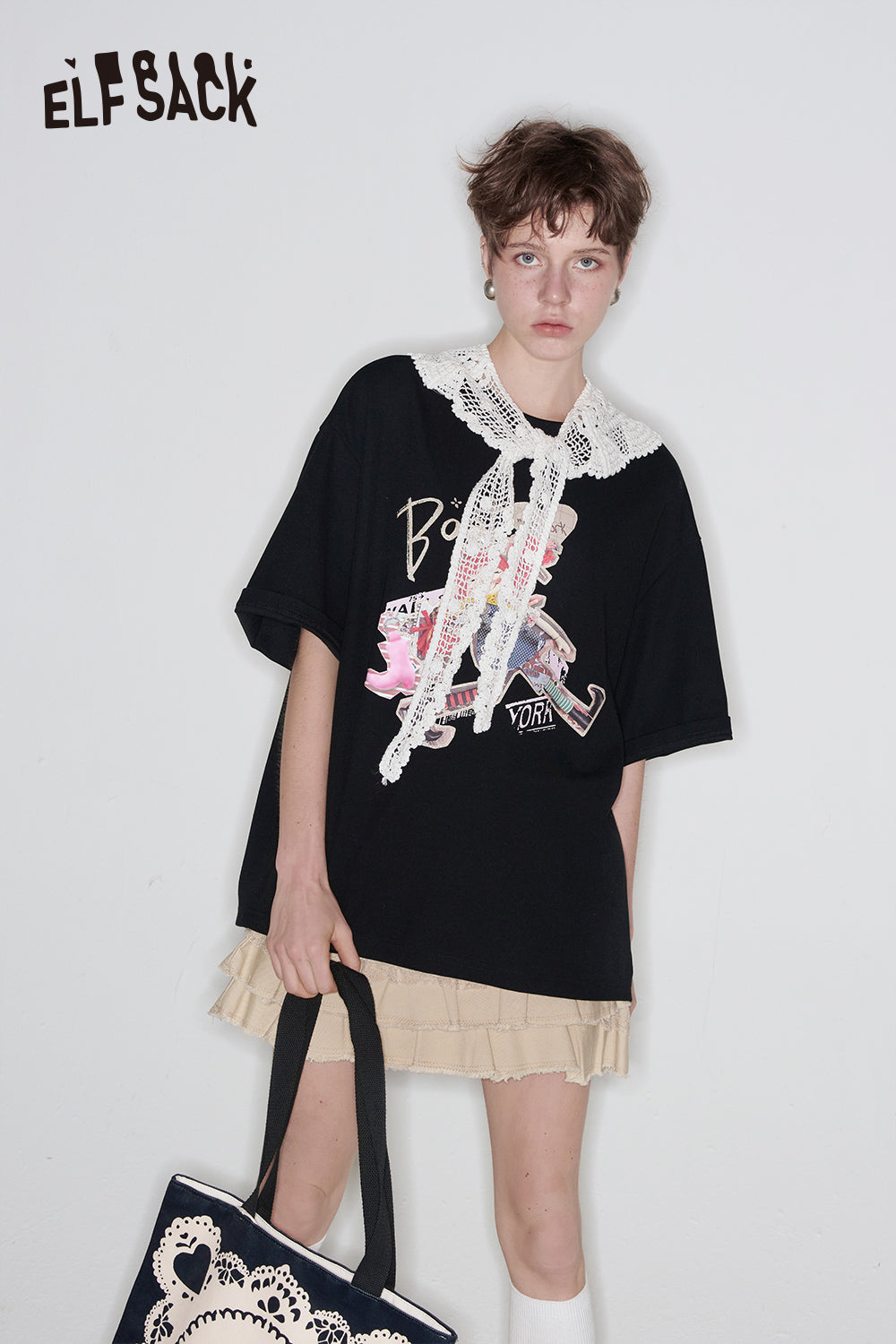 ELFSACK Lace O-neck Printed Short Sleeve T-shirt Women Dopamine Spring Outfit