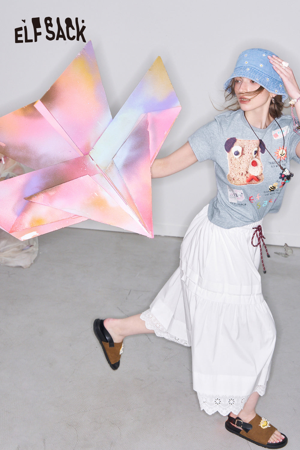 ELFSACK Y2K Puppy Printed Slim Short Sleeve T-Shirt Women Versatile Crop Top