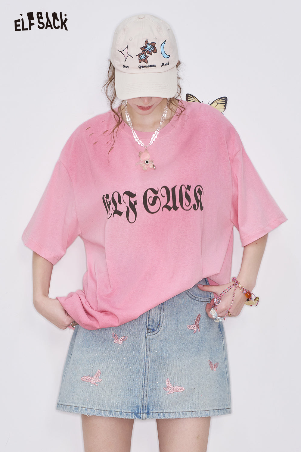 ELFSACK Letter Printed Blending Ripped Short Sleeve T-Shirt Women Loose Casual Top