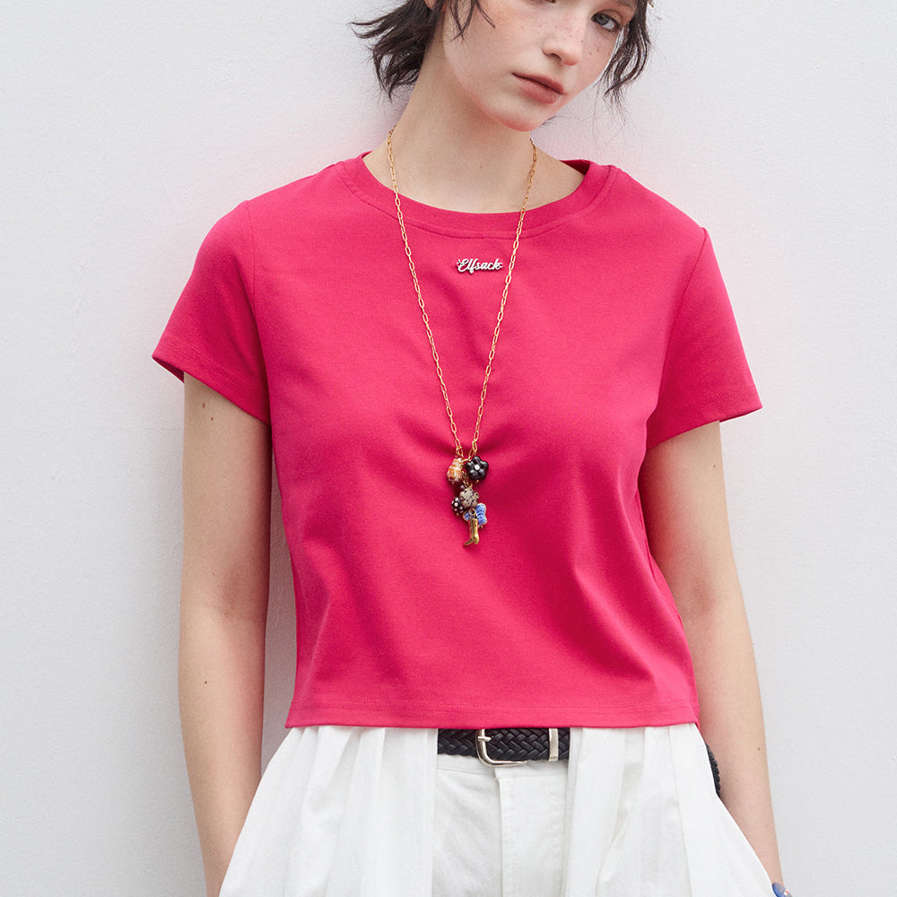 
                  
                    ELFSACK 2025 Spring New Arrivals Butterfly Hollow Solid Color Letter Short Sleeve T-shirt Women Casual Cropped Top
                  
                