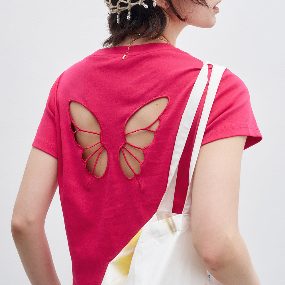 
                  
                    ELFSACK 2025 Spring New Arrivals Butterfly Hollow Solid Color Letter Short Sleeve T-shirt Women Casual Cropped Top
                  
                
