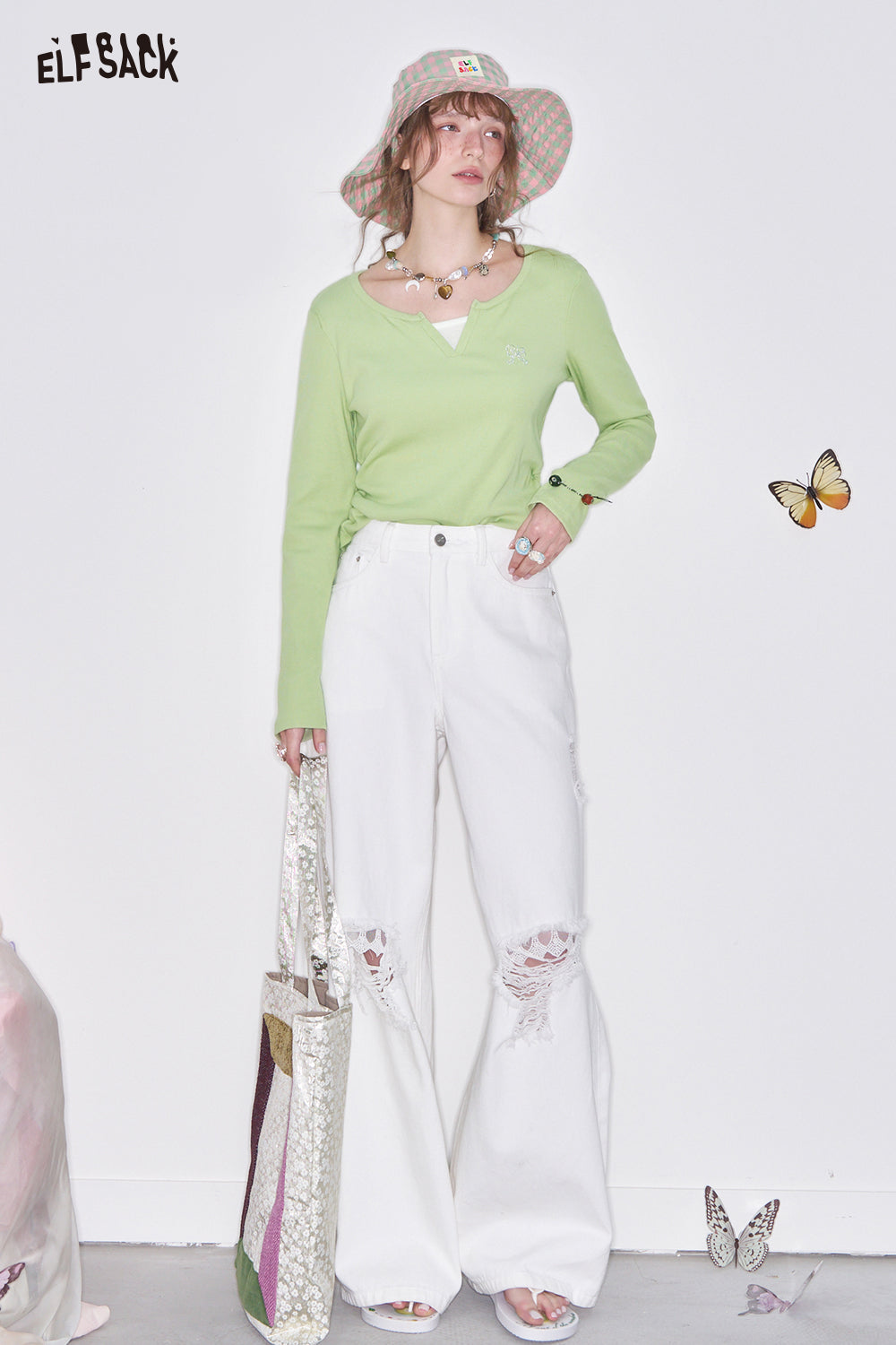 ELFSACK Sweet Bow Embroidery Tops Fake Two-Piece Long Sleeve O-neck T-Shirt Women