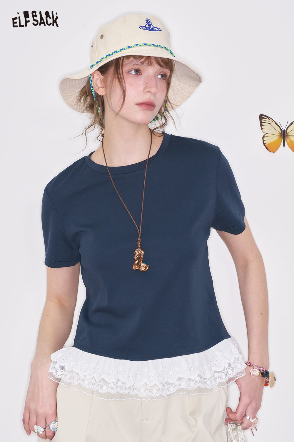 ELFSACK Y2K Bow Lace Solid Color Short Sleeve T-shirt Women Sweet Slim Fit O-neck Top