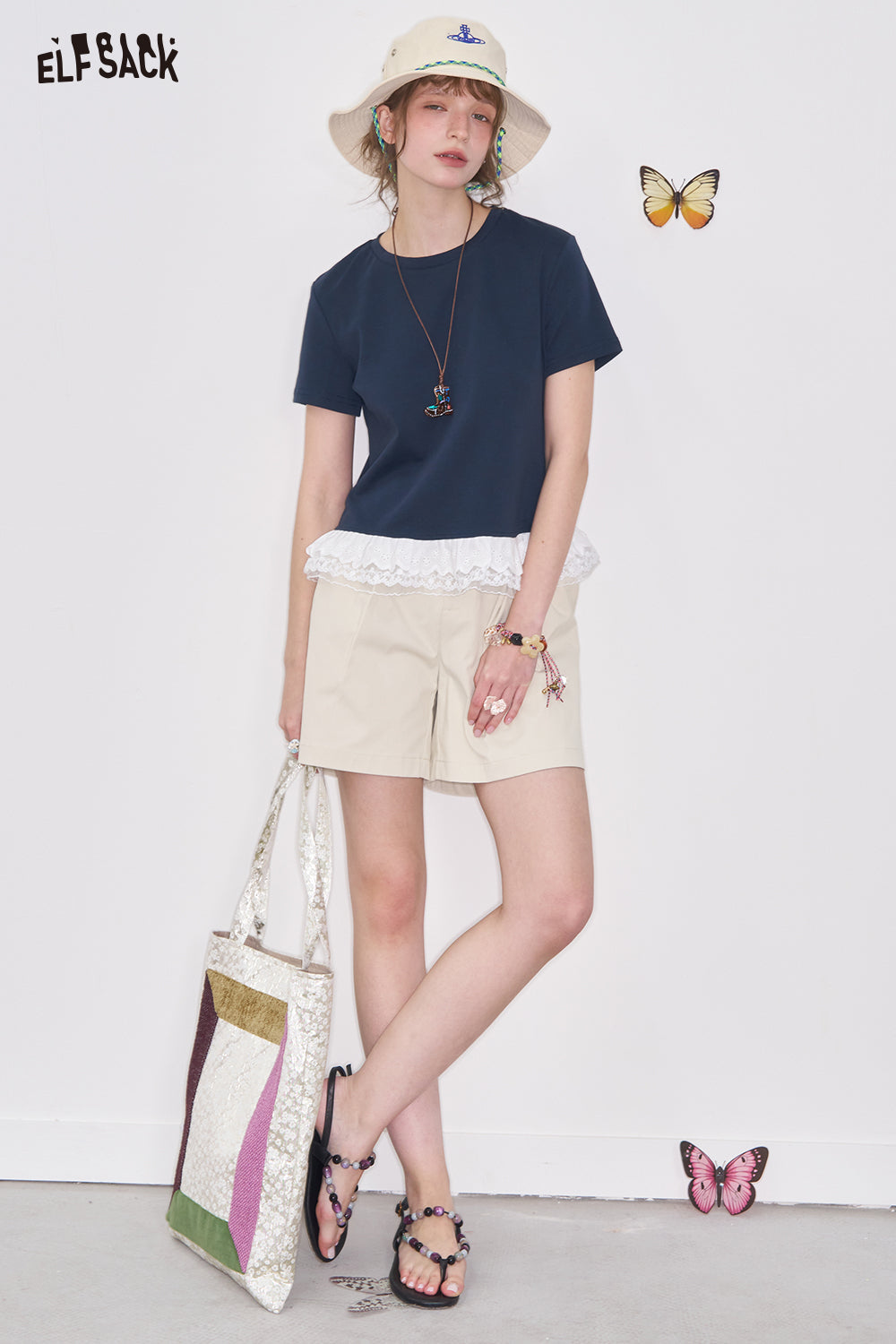 ELFSACK Y2K Bow Lace Solid Color Short Sleeve T-shirt Women Sweet Slim Fit O-neck Top