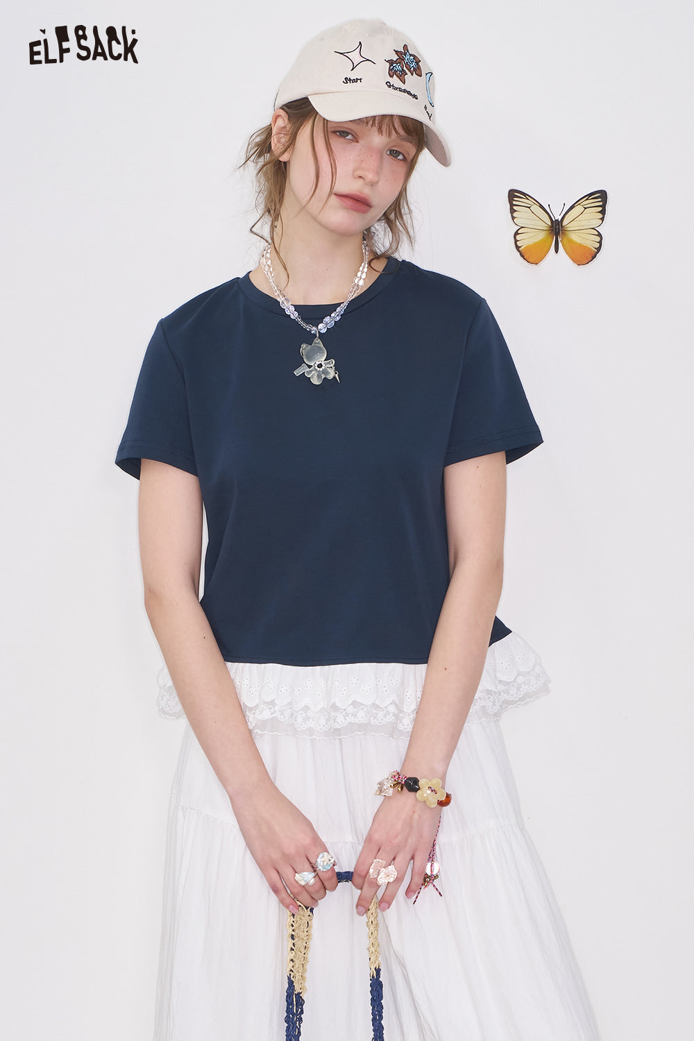 ELFSACK Y2K Bow Lace Solid Color Short Sleeve T-shirt Women Sweet Slim Fit O-neck Top