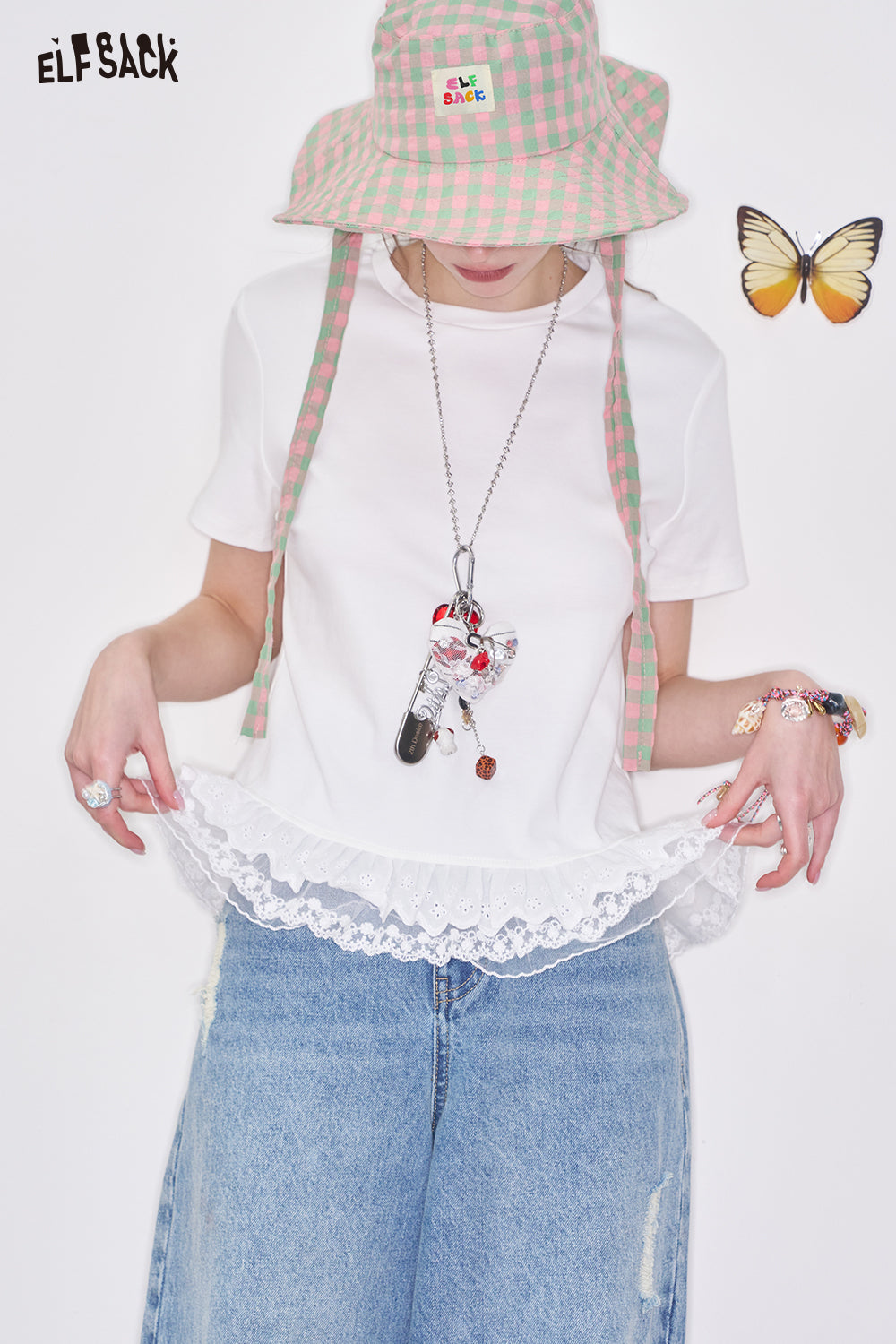 ELFSACK Y2K Bow Lace Solid Color Short Sleeve T-shirt Women Sweet Slim Fit O-neck Top