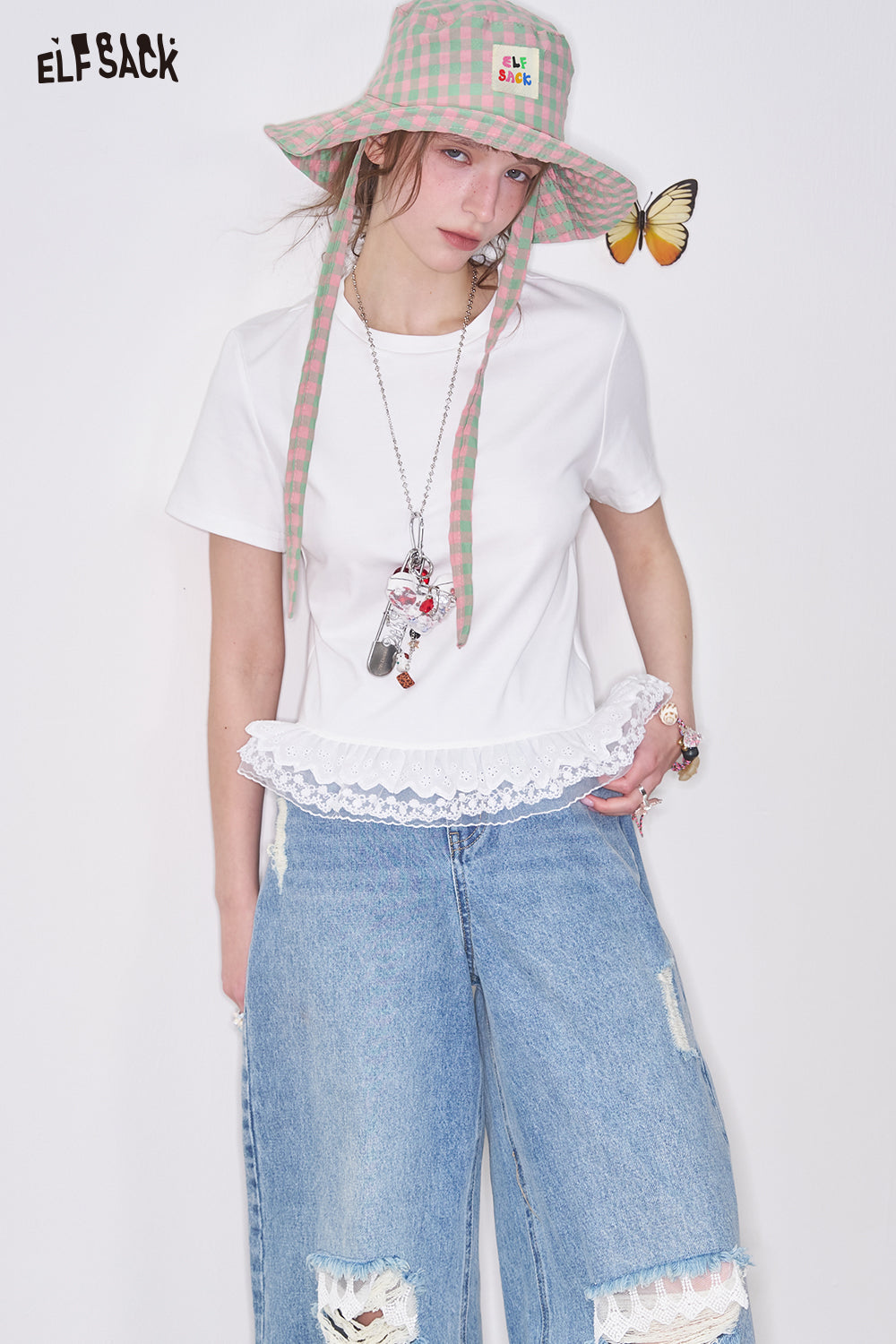 ELFSACK Y2K Bow Lace Solid Color Short Sleeve T-shirt Women Sweet Slim Fit O-neck Top