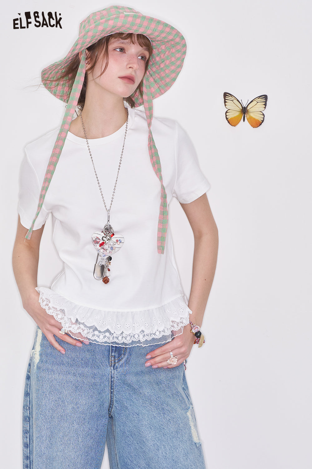 ELFSACK Y2K Bow Lace Solid Color Short Sleeve T-shirt Women Sweet Slim Fit O-neck Top