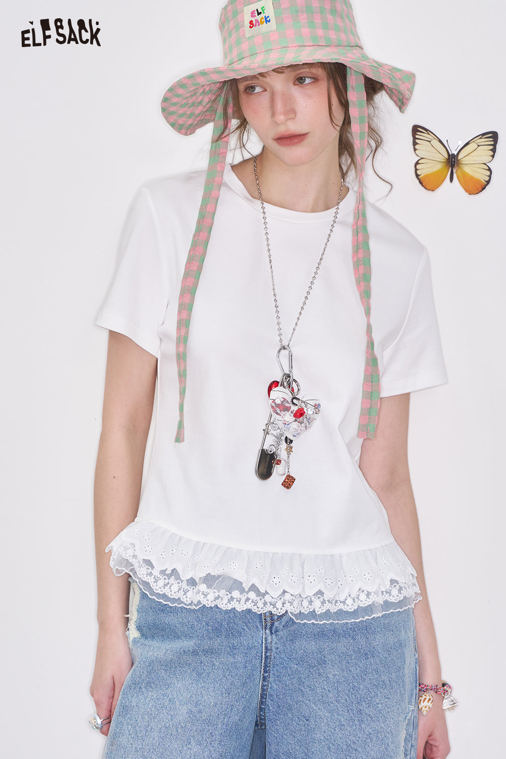 ELFSACK Y2K Bow Lace Solid Color Short Sleeve T-shirt Women Sweet Slim Fit O-neck Top