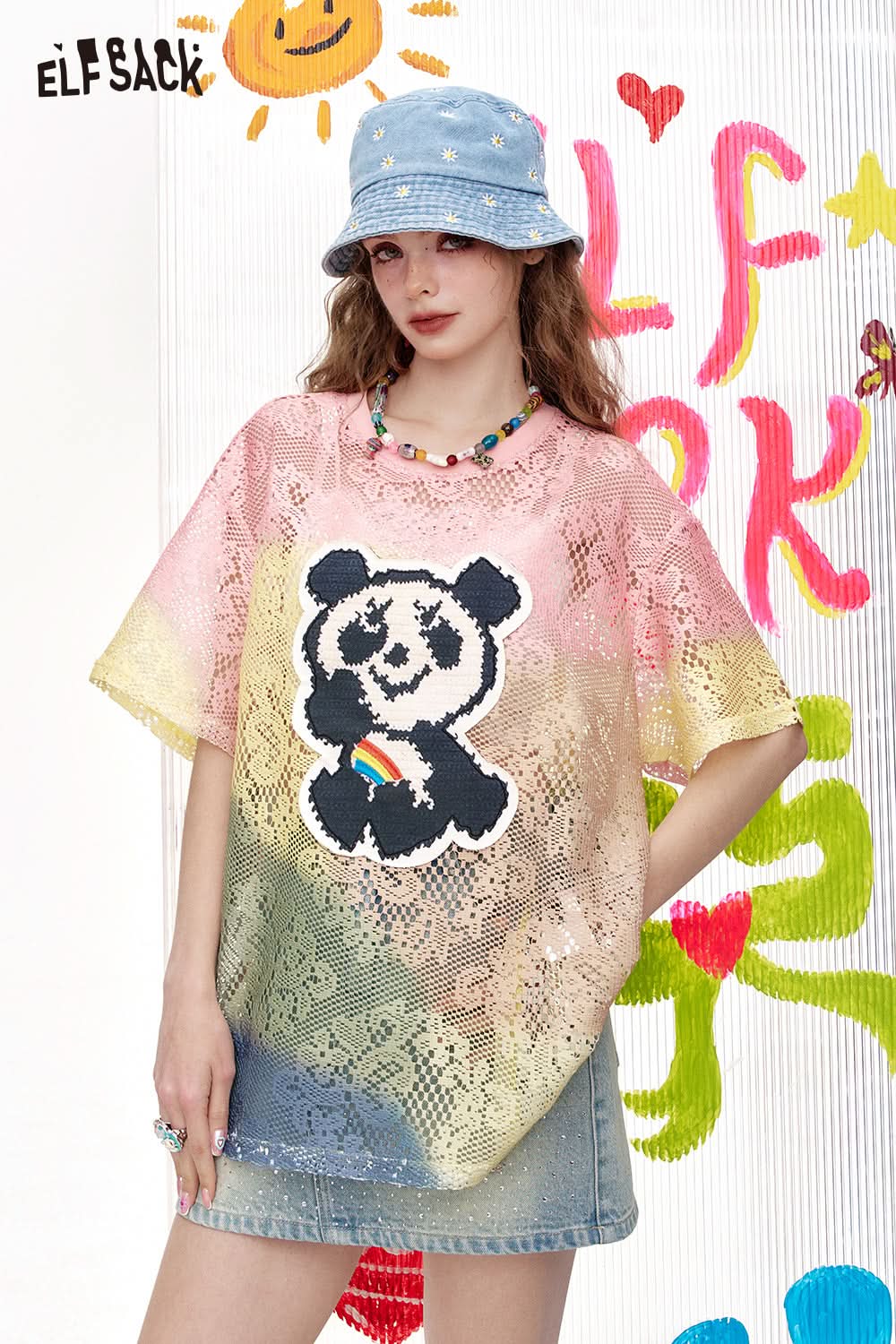 ELFSACK Thin Embroidered Colorful Short Sleeved Panda Casual T-Shirt