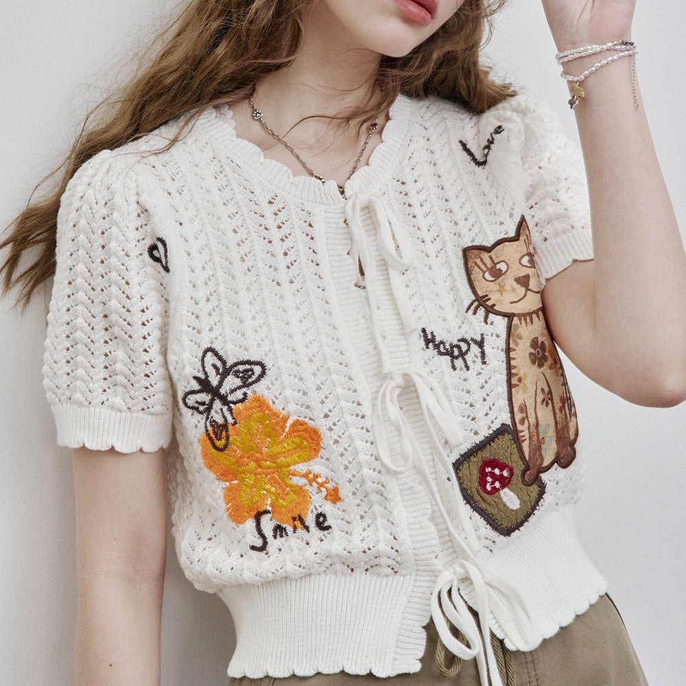 ELFSACK 2025 Spring New Arrivals Cat Embroidery White Hollow Short Sleeve Cotton Knit Cardigan