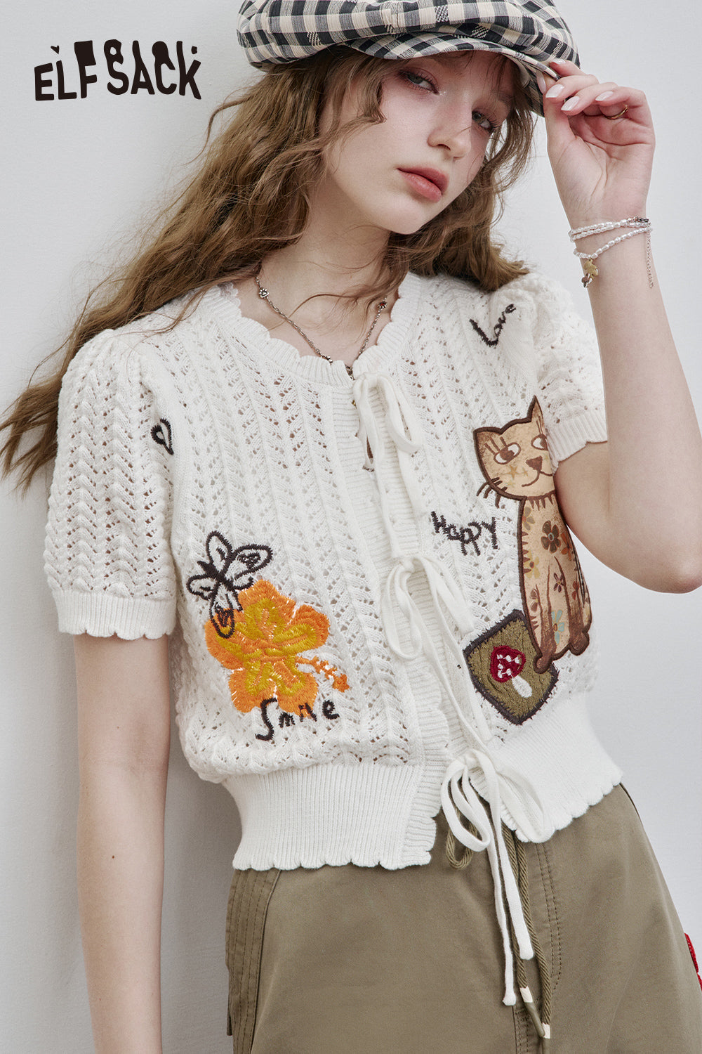 ELFSACK 2025 Spring New Arrivals Cat Embroidery White Hollow Short Sleeve Cotton Knit Cardigan