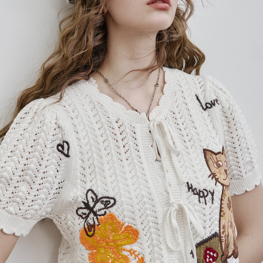 ELFSACK 2025 Spring New Arrivals Cat Embroidery White Hollow Short Sleeve Cotton Knit Cardigan