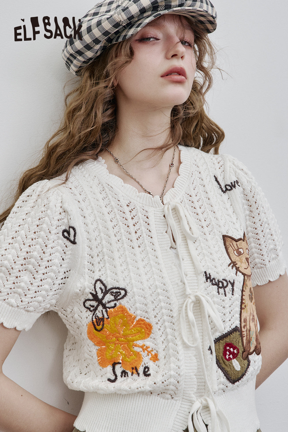 ELFSACK 2025 Spring New Arrivals Cat Embroidery White Hollow Short Sleeve Cotton Knit Cardigan