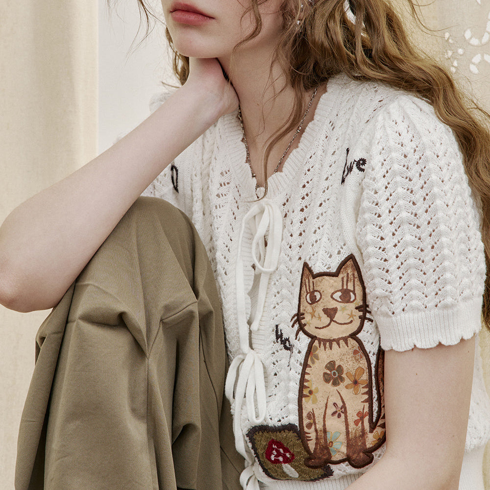 
                  
                    ELFSACK 2025 Spring New Arrivals Cat Embroidery White Hollow Short Sleeve Cotton Knit Cardigan
                  
                