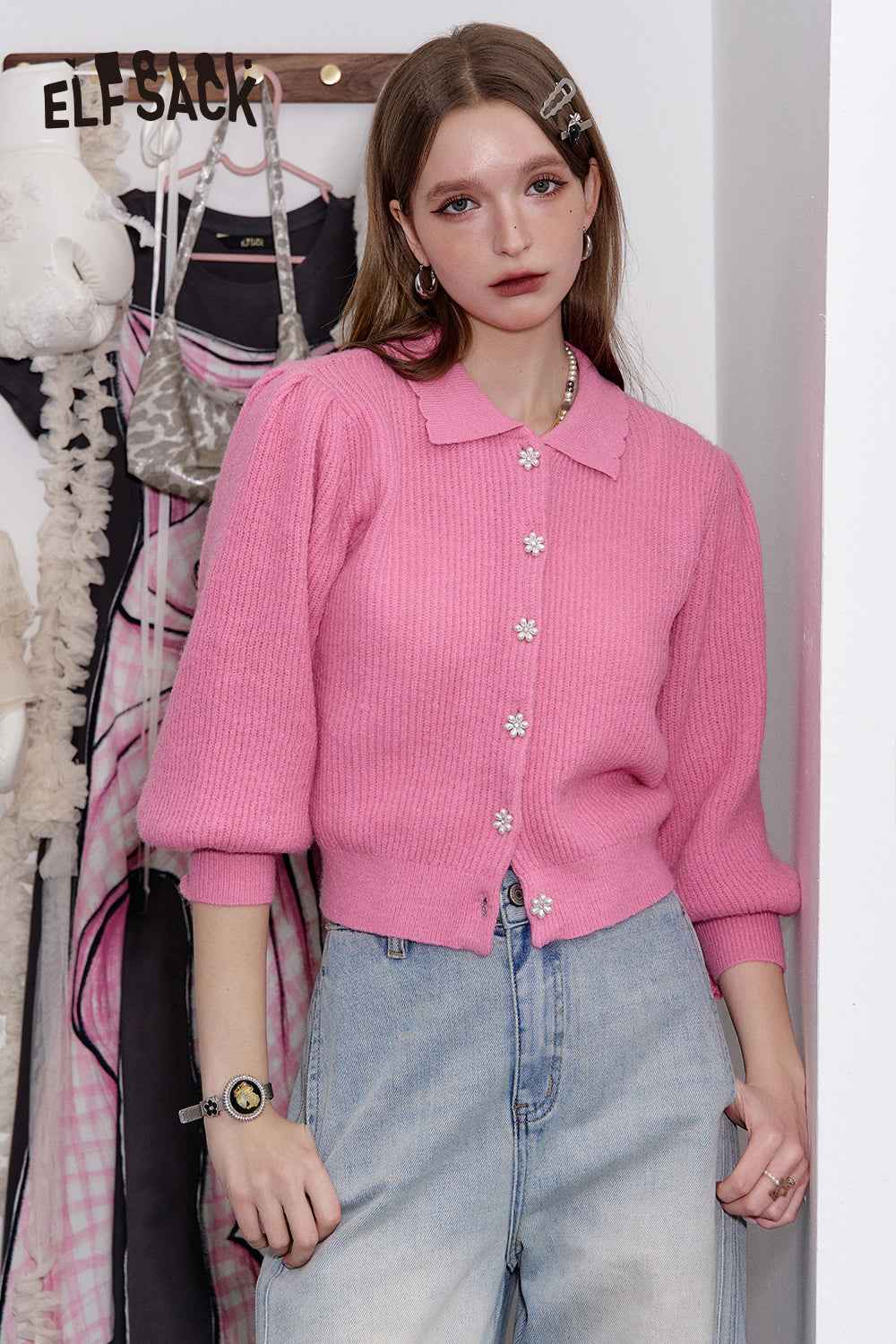 ELFSACK 2025 Spring New Arrivals Doll collar single-breasted short knitted cardigan for women sweet lapel lantern sleeve top