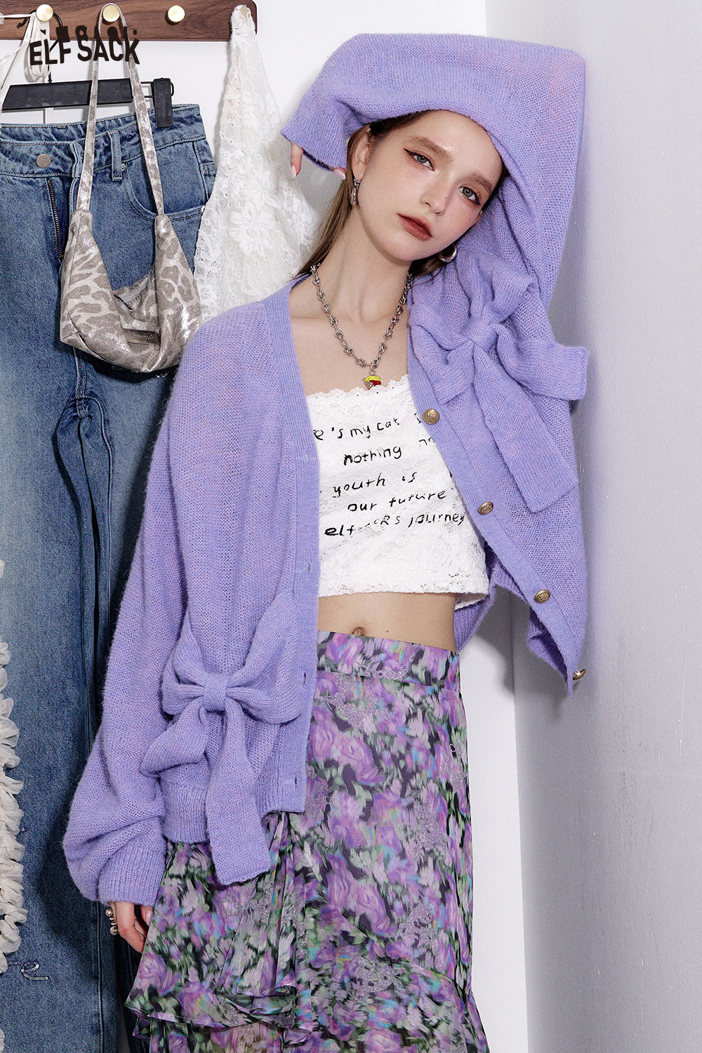 ELFSACK Casual Bowknot Purple Knitted Cardigan Women Elegant V-neck Sweater