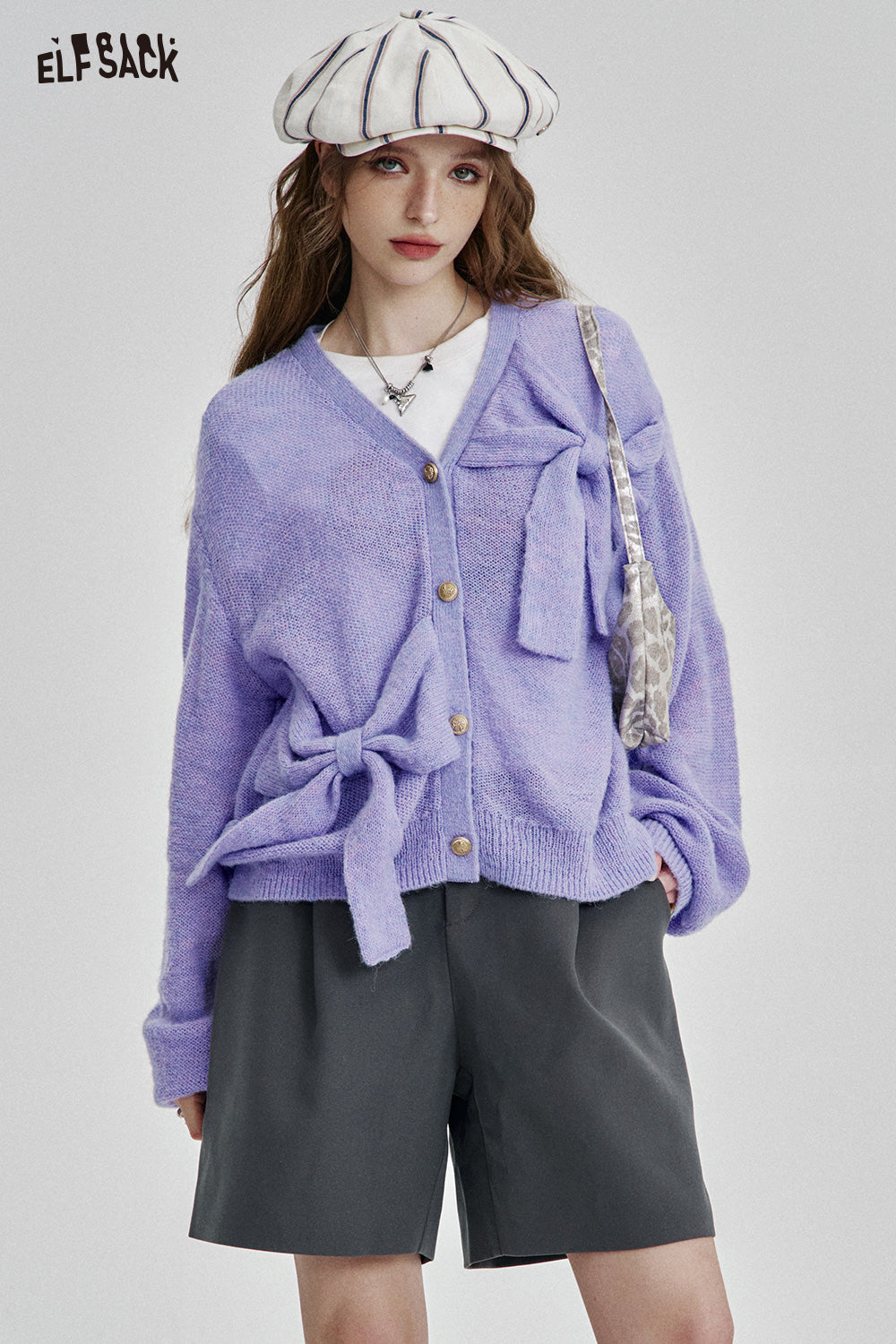 ELFSACK Casual Bowknot Purple Knitted Cardigan Women Elegant V-neck Sweater