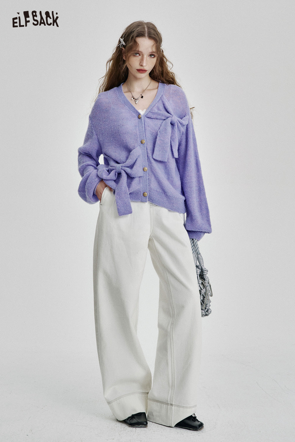 ELFSACK Casual Bowknot Purple Knitted Cardigan Women Elegant V-neck Sweater