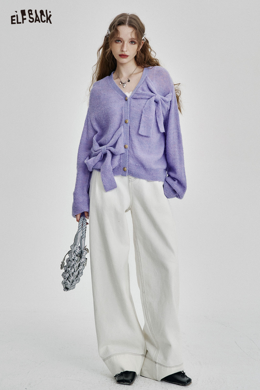ELFSACK Casual Bowknot Purple Knitted Cardigan Women Elegant V-neck Sweater