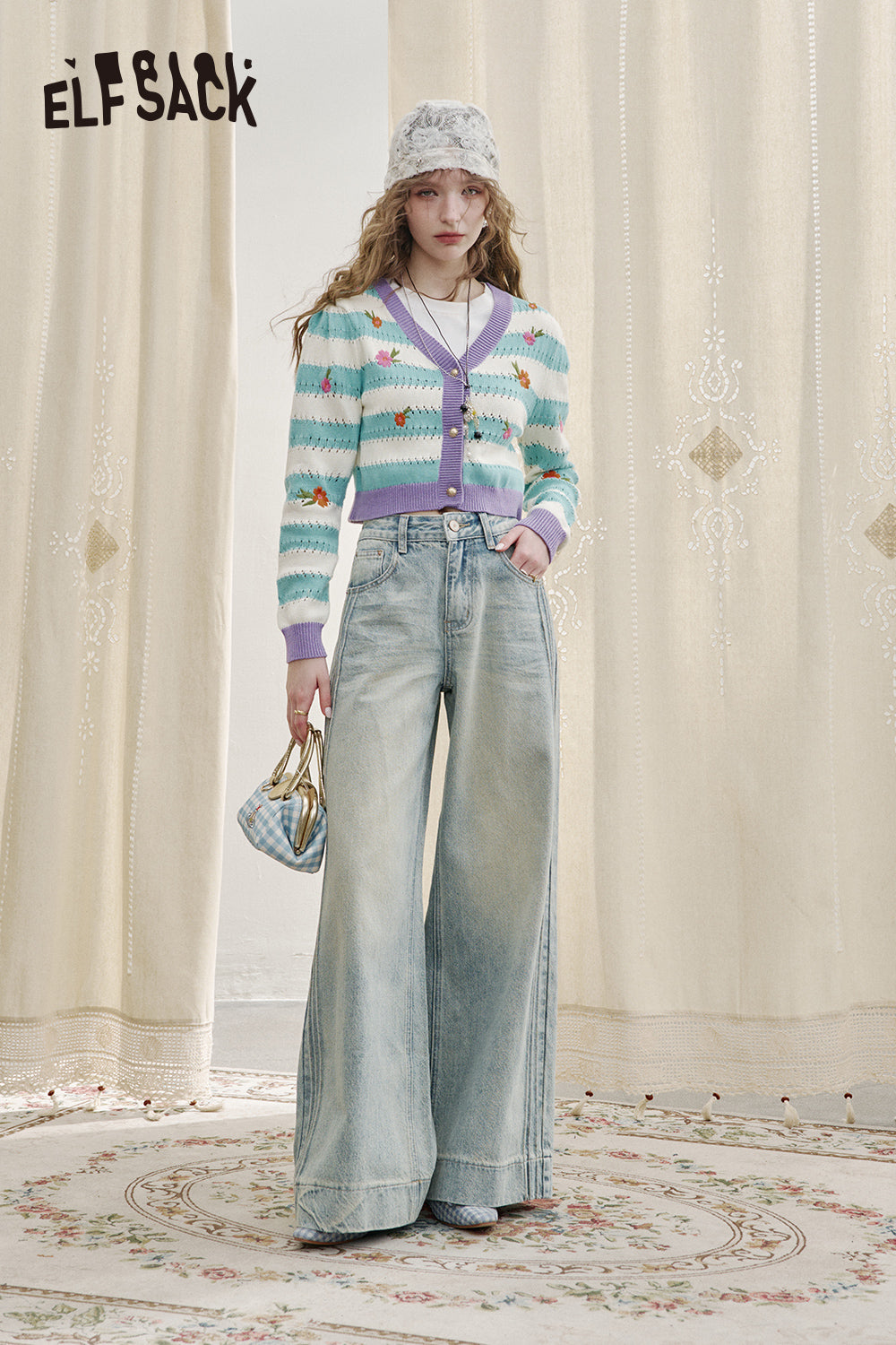 ELFSACK Striped Contrast Color Embroidery V-neck Short Knitted Cardigan Women Y2K Hollow Flower Cotton Top