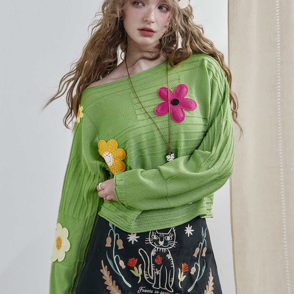 
                  
                    ELFSACK 2025 Spring New Arrivals Dopamine Flower Green Long Sleeve Short Knit Pullover Women
                  
                