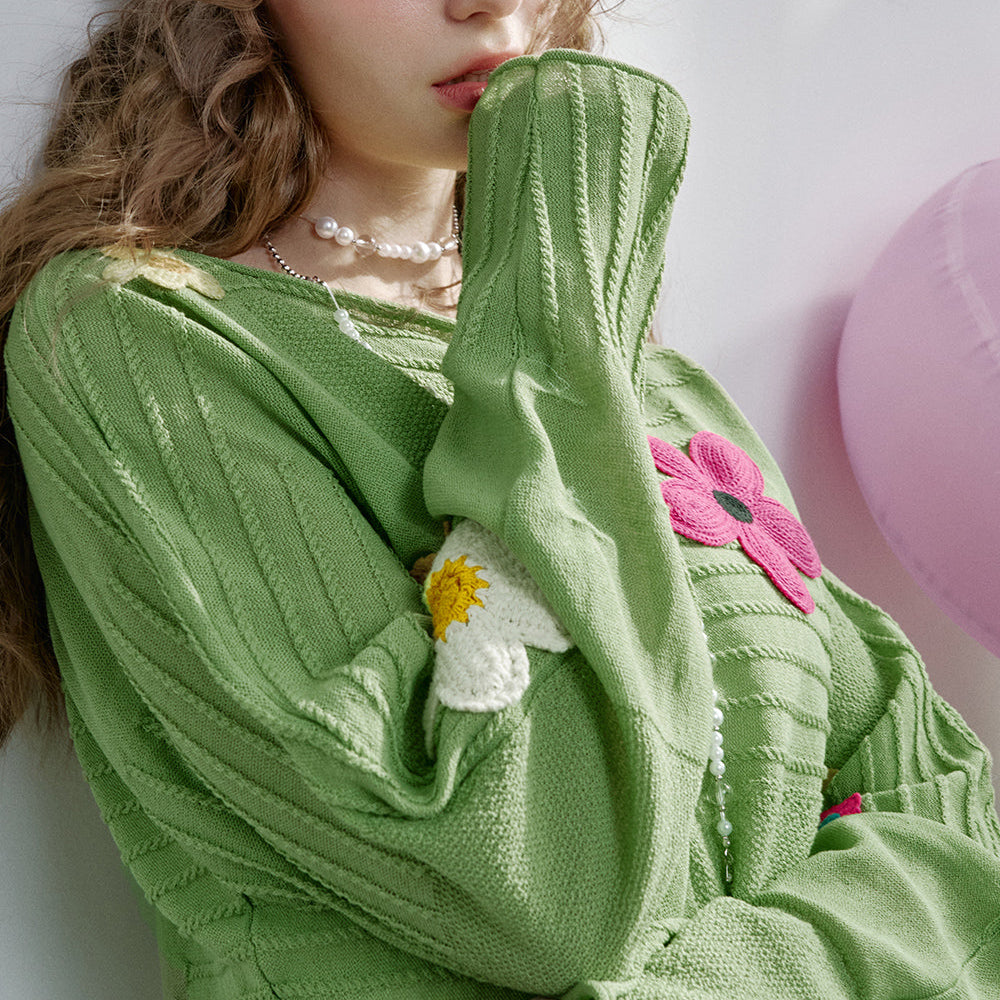 
                  
                    ELFSACK 2025 Spring New Arrivals Dopamine Flower Green Long Sleeve Short Knit Pullover Women
                  
                