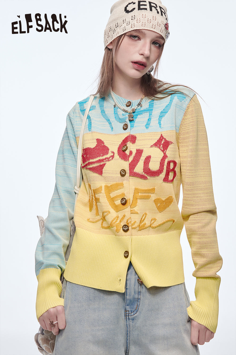 ELFSACK Y2K Dopamine O-neck Original Print Heart Button Knitted Cardigan Female