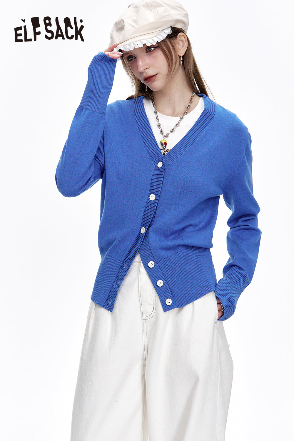 ELFSACK Y2K Letter Beads V-neck Knitted Cardigan Women's Versatile Slim Thin Sweater
