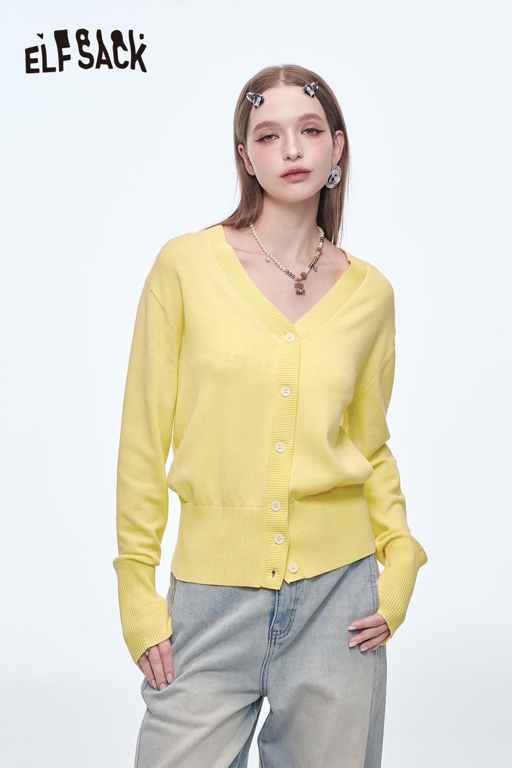 ELFSACK Y2K Letter Beads V-neck Knitted Cardigan Women's Versatile Slim Thin Sweater