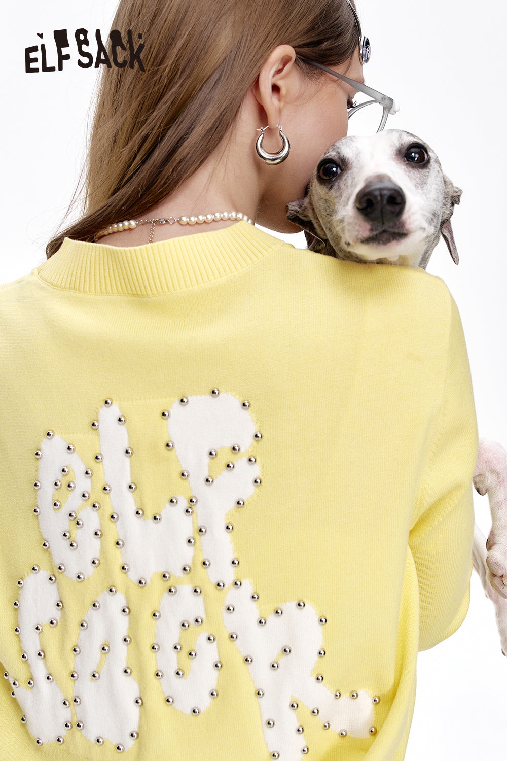 ELFSACK Y2K Letter Beads V-neck Knitted Cardigan Women's Versatile Slim Thin Sweater