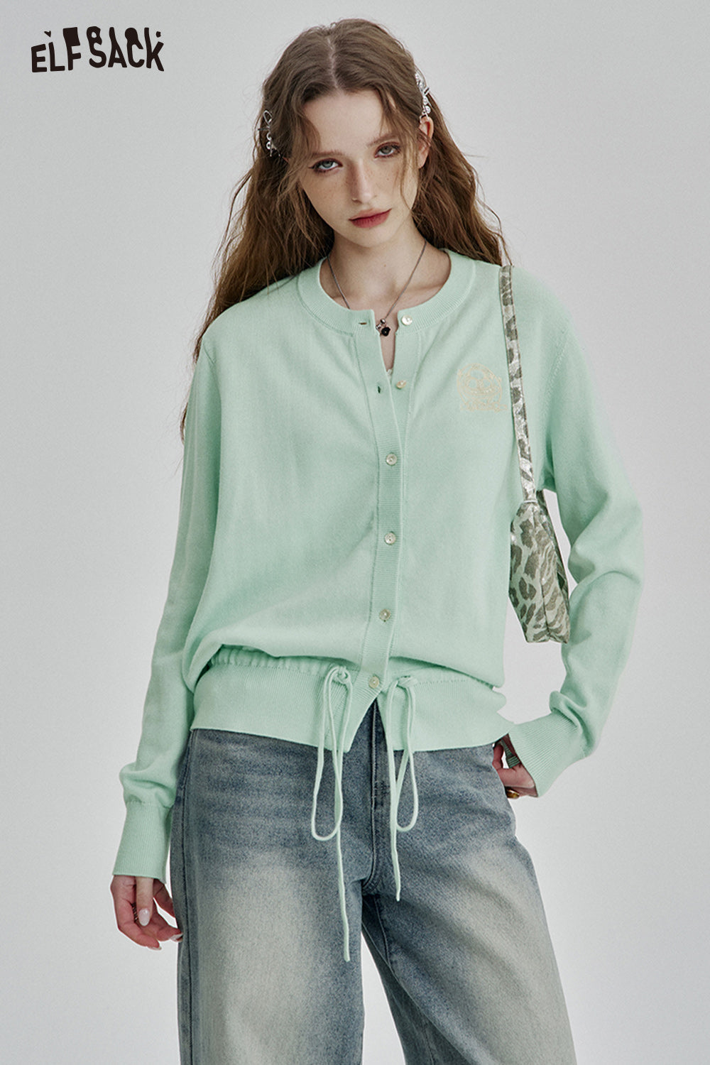 ELFSACK Sweet Dopamine Drawstring O-neck Single Breasted Knit Cardigan