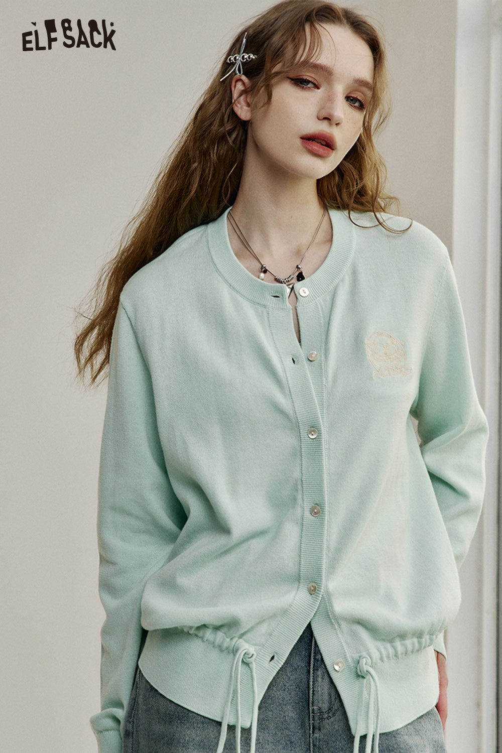 ELFSACK Sweet Dopamine Drawstring O-neck Single Breasted Knit Cardigan
