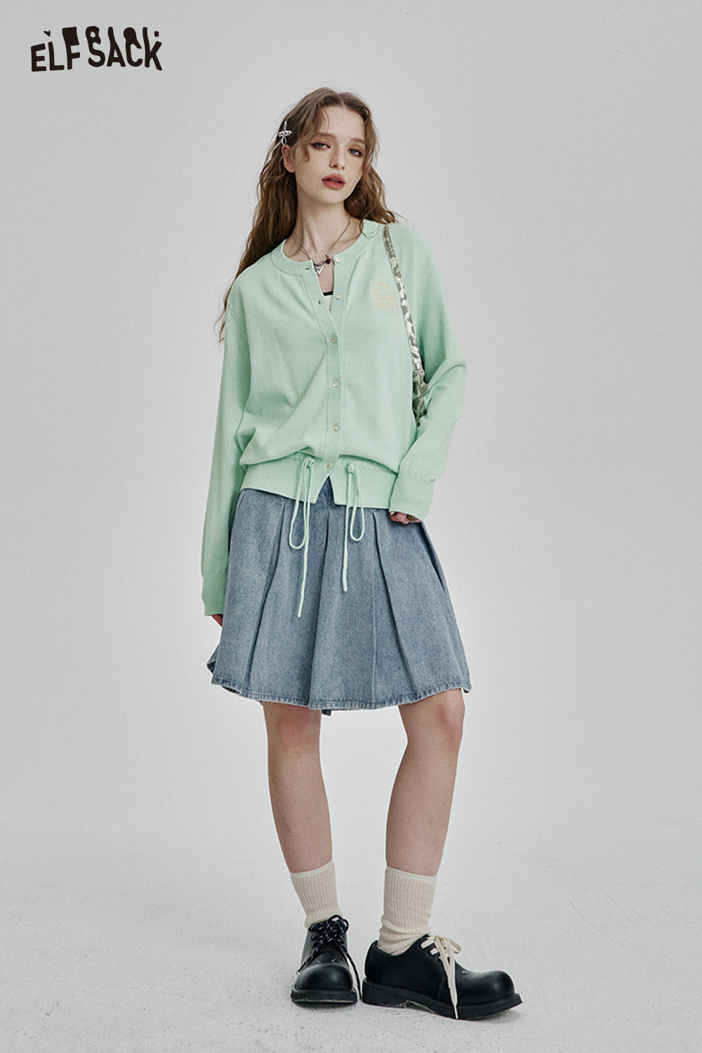 ELFSACK Sweet Dopamine Drawstring O-neck Single Breasted Knit Cardigan